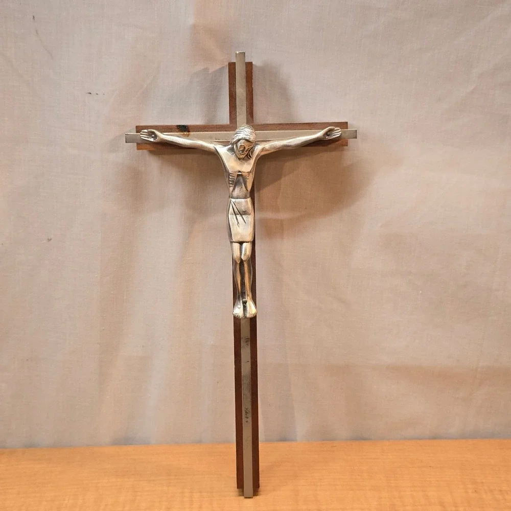 Heavy Wooden and Metal‎ Cross Crucifix Jesus Wall Hanging Vintage 12